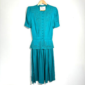 Vintage Sarah Elizabeth‎ Petite Teal Rayon Embroidered Peplum Midi Dress 6